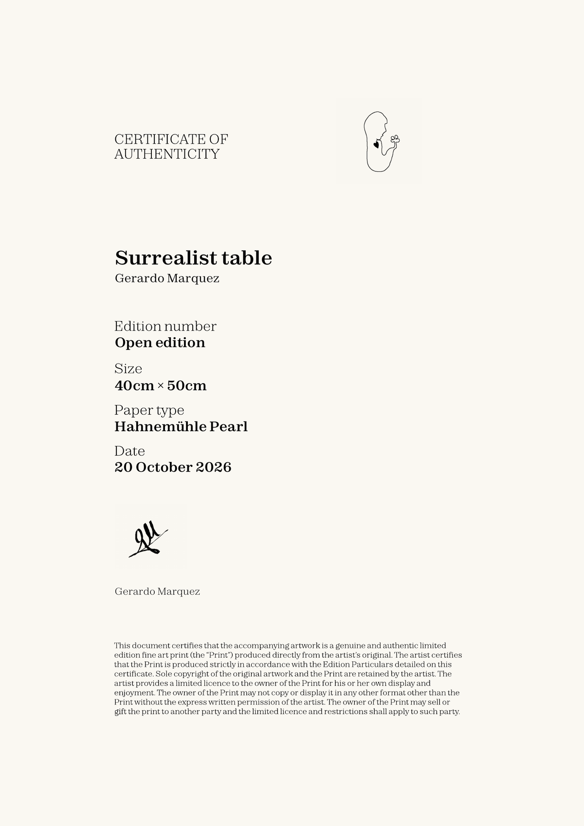 Surrealist table — Certificate of Authenticity