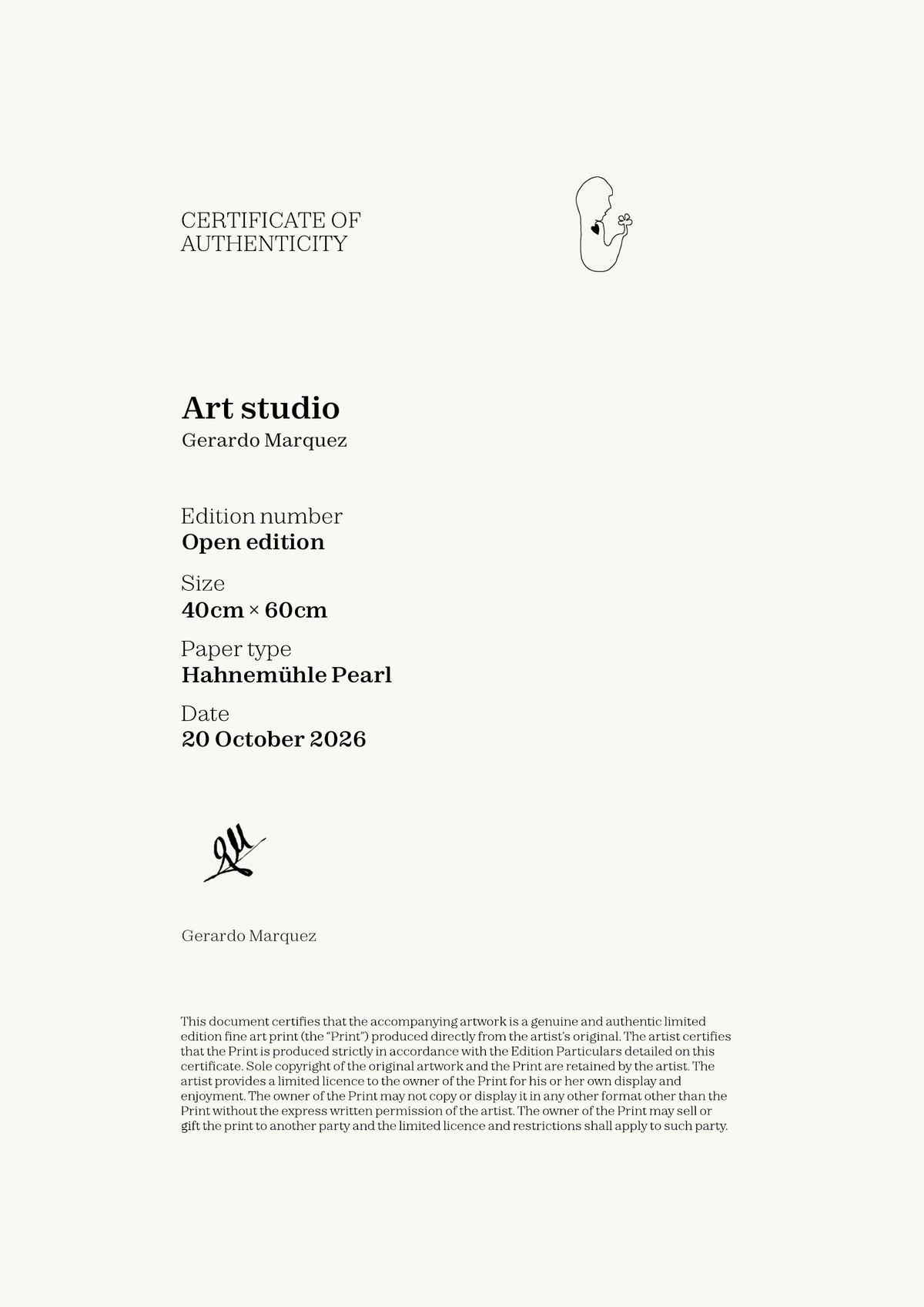 Art studio — Certificate of Authenticity