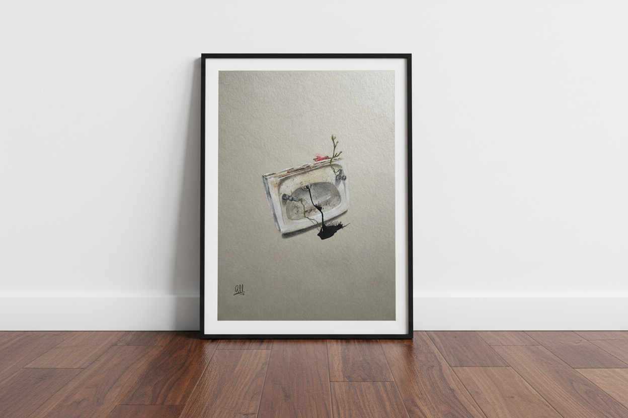 Fine art print in black frame on white wall with dark brown hardwood floor